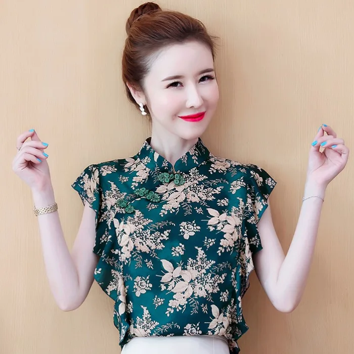 2021 sleeveles čínsky štýl, oblečenie qipao topy ľudovej ženy satin kvetinový tlač, blúzky, tradičné čínske oblečenie tang tričko