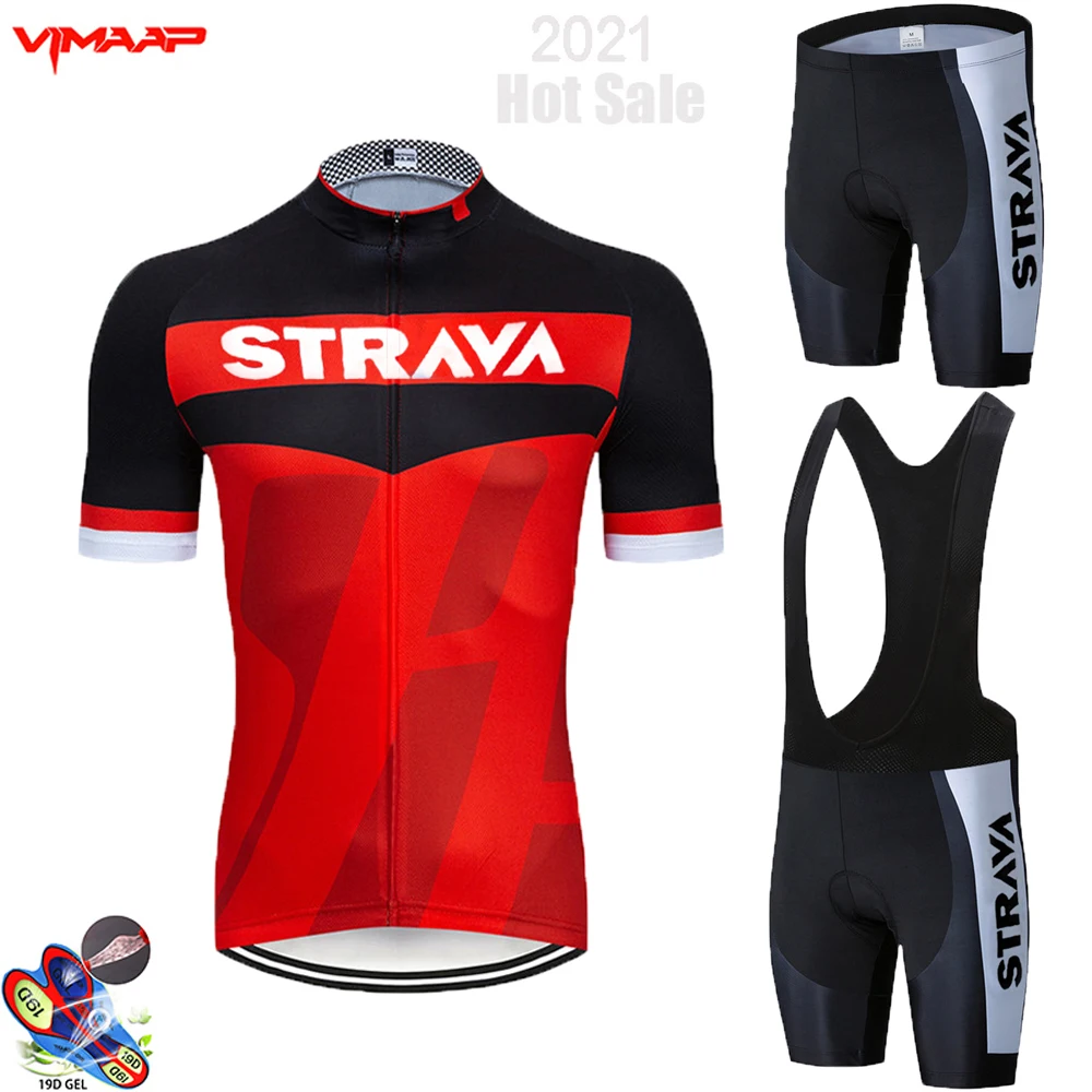 2021 Červená STRAVA Racing Cyklistické Oblečenie 19D Bib Nastaviť MTB Jednotné Cyklistické Oblečenie Rýchle Suché Bicykli Jersey Mens Krátke Maillot Culotte