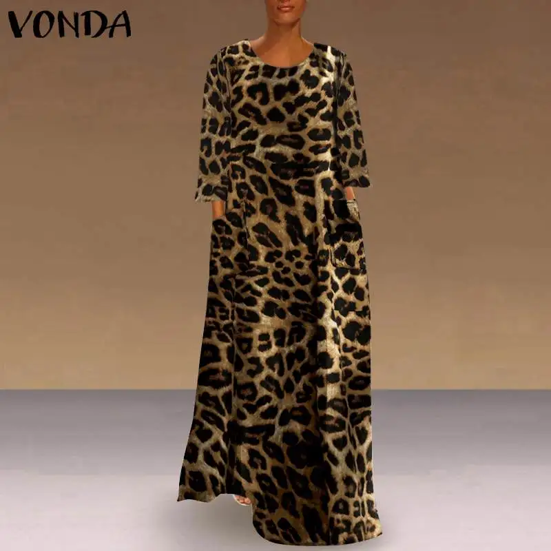 2021 České Dlho Maxi Šaty VONDA Ženy Dlhý Rukáv Šaty Leopard tlač Vestidos Dámy Bežné Strany Sundress Voľné Rúcho Femme