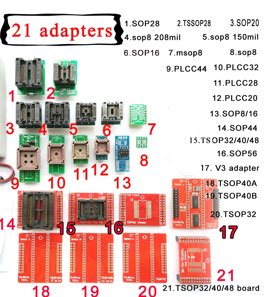 21 ks Univerzálnych adaptérov súpravy pre Mini pro vysokej rýchlosti TL866II plus XP8710 usb programátor IC čip zásuvky