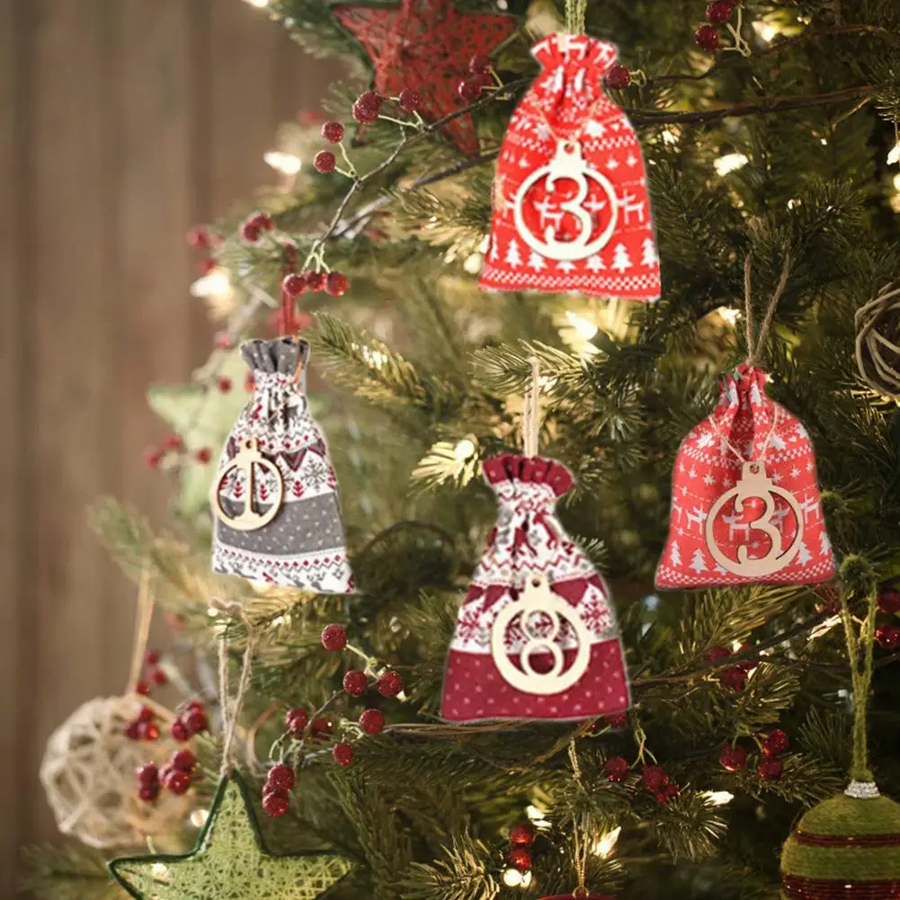 24PCS Vianočný Adventný Kalendár Časovač Taška Visí Candy Darčekové Vrecúška Puzdro DIY Vianočné Dekorácie s Klipy Nálepky Lano