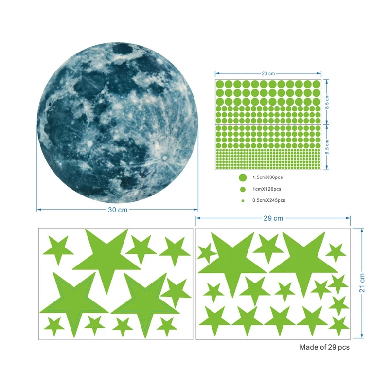 30 cm Mesiac 435Pcs Hviezdy Bodky Zelená Svetelná Stena Nálepky Deti Miestnosti Stropné Schody Dekorácie Fluorescenčné nástenná maľba Obtlačky