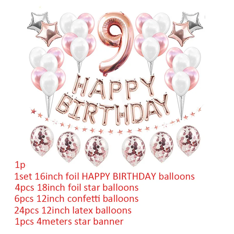 37pcs Číslo 9 Fóliové Balóny Happy Birthday Party Dekorácie 9 Rokov Nineth 9. Chlapec Dievča Deväť Dodávky ružové Zlato, Ružové a Modré