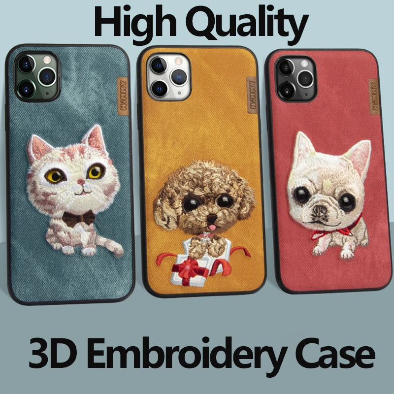 3D Vyšívané Cute Cat Pug Psa Medvedík Panda Kožené Telefón puzdro Pre iPhone 12 Pro Max Ochranný Zadný Kryt Pre iPhone 11 12 Mini