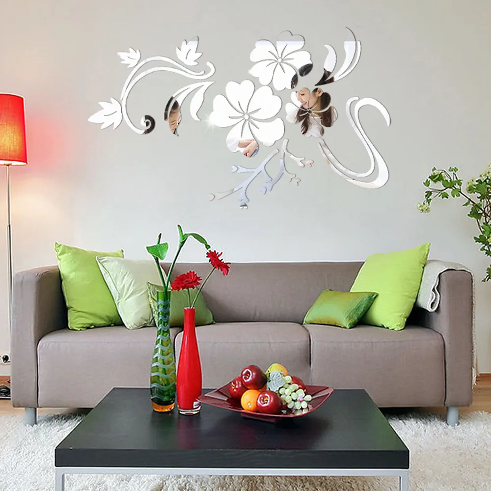 3D Zrkadlo Kvetinový Umenie Odnímateľné Steny Nálepky Akryl nástenná maľba Odtlačkový Domov Izba Dekor
