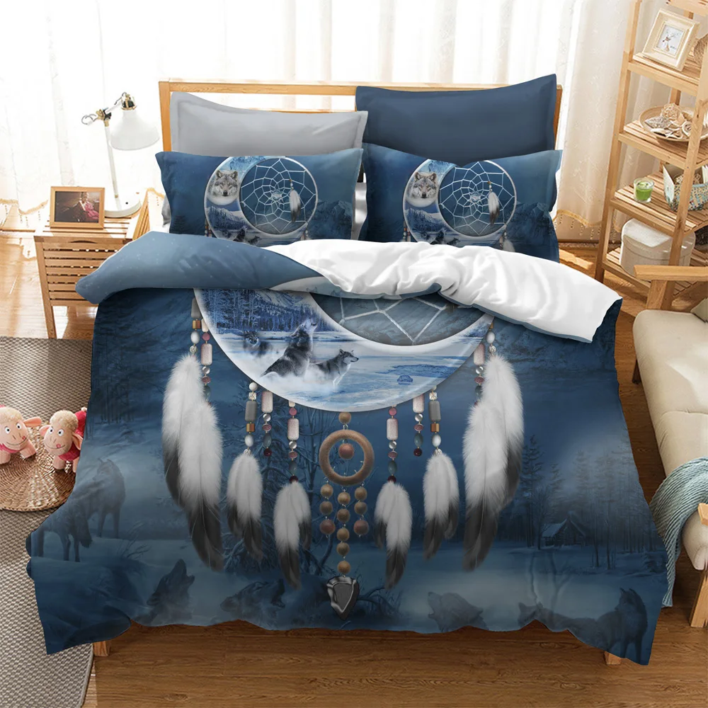 3D zvierat tlač posteľná bielizeň sady tmavo modré pozadie vlk vytlačené na mesiaci prívesok v tvare tlač posteľná bielizeň sady 2/3 ks