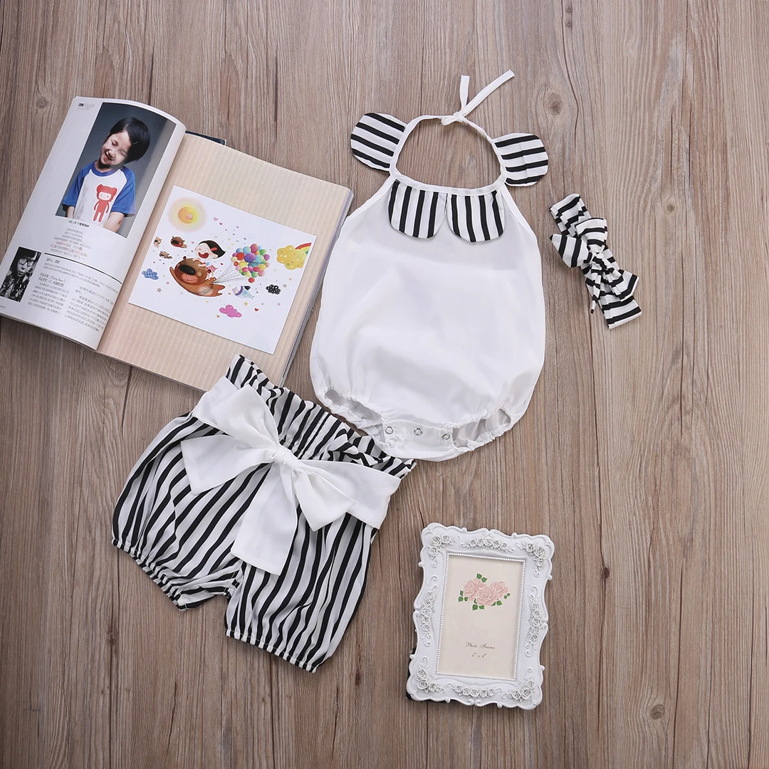 3ks 2019 Nové Módne Detské Oblečenie Set Baby Girl Sady Romper+Luk Šortky +hlavový most Novorodenca Jar Leto Baby Girl Šaty