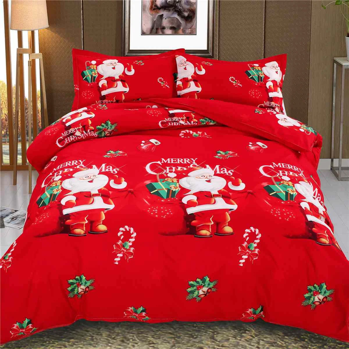 3KS 3D Veselé Vianoce posteľná bielizeň Nastaviť Perinu Červená Santa Claus Cumlík Posteľ Nastaviť Darčeky Plné Kráľovná Kráľ AU Jeden UK Dvojité Veľkosť