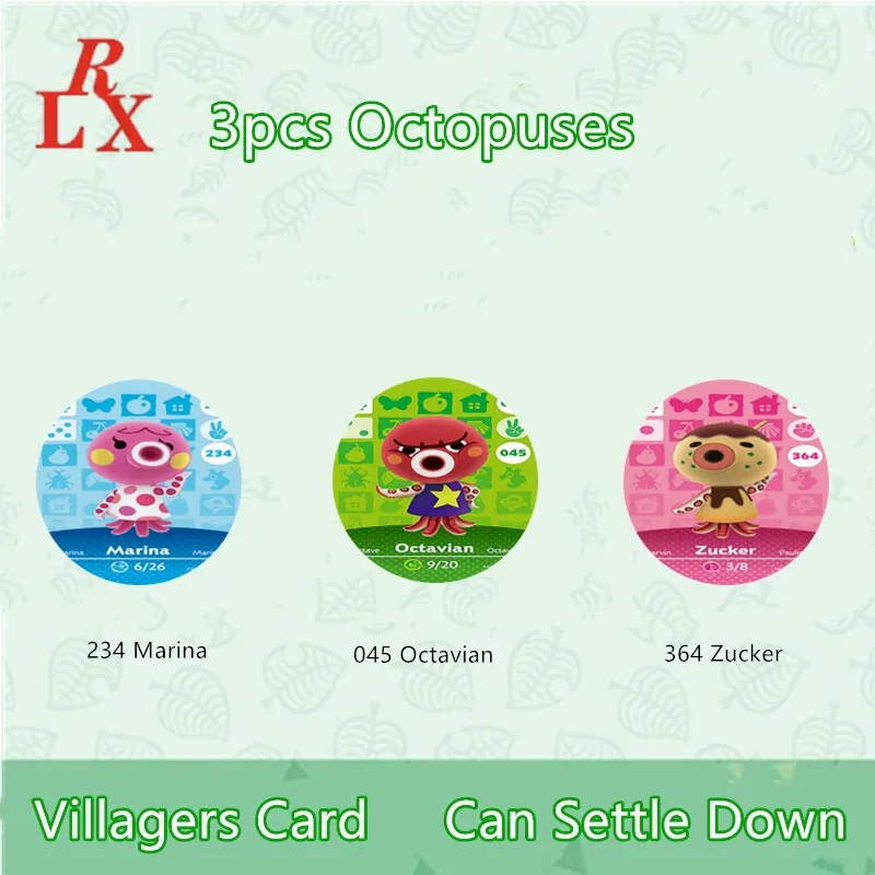 3ks Octopus Octavian Marina Zucker Animal Crossing Dedinčania Karty ACNH NFC Hry, Karty Ntag215 Značky NS Prepínač WiiU