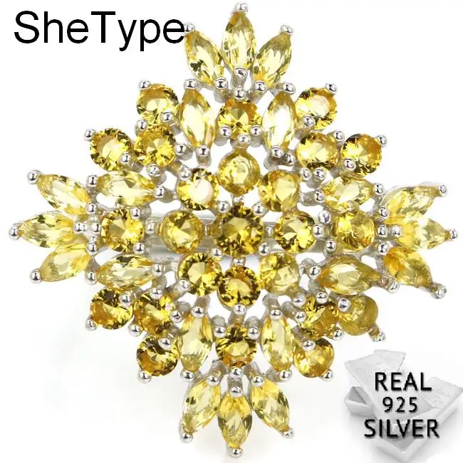 4.4 g Luxusné SheType Top AAA+ Star Tvar Zlaté Citrine Svadobné Ženy 925 Pevné Šterlingov Strieborné Prstene 27x26mm
