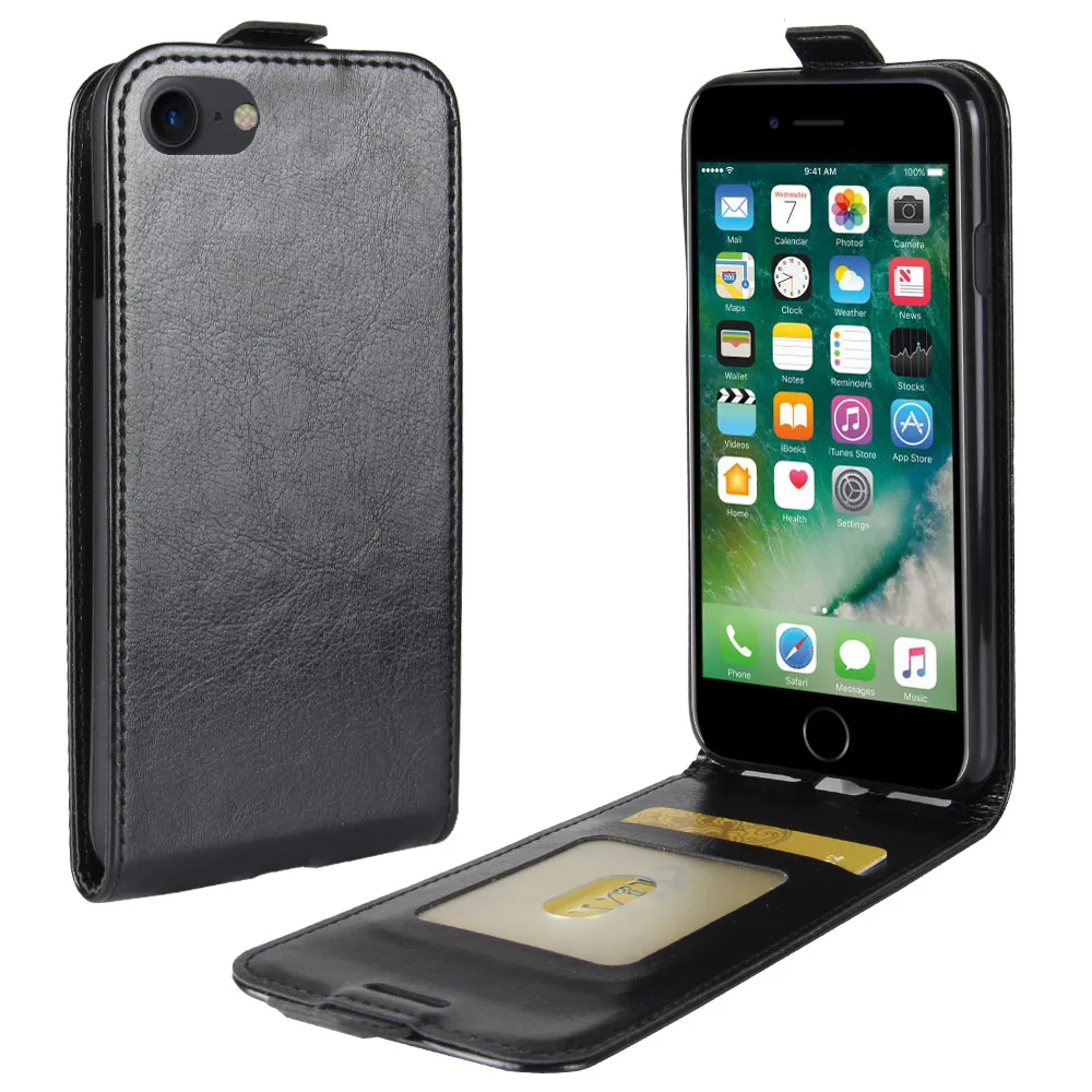 (4.7 inch) puzdro pre iPhone 7 Nadol Otvorený Štýl Prípadoch Flip Kožené Hrubé Pevné Kryty Kartu Chrániť Kryt Čierny pre iPhone7