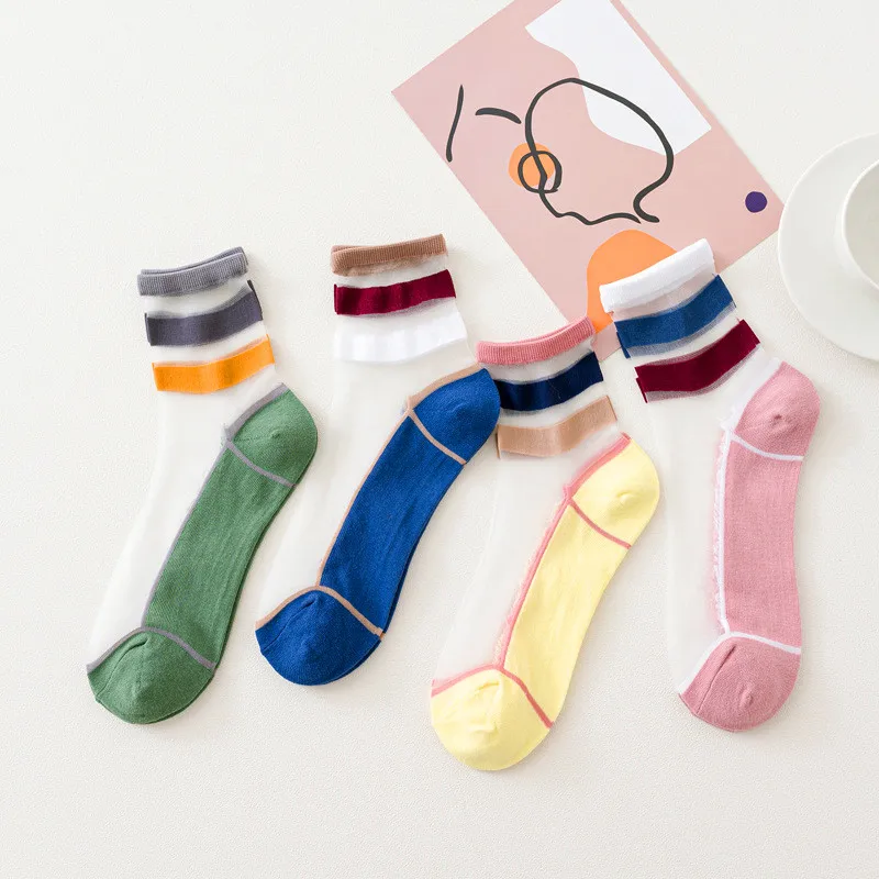 4 Páry Ženy Ponožky Letné Nové Ženské Vata Farebná Mozaika Pruhované Ponožky Dievčatá Roztomilé Ponožky Transparentné Krátke Ponožky
