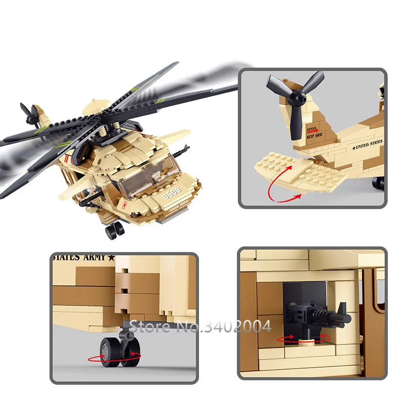 439Pcs Vojenské Black Hawk Vrtuľníky Model Tehly DIY Stavebné Bloky Sady ARMÁDY Vojaci Auta Vzdelávacie Hračky Pre Deti,