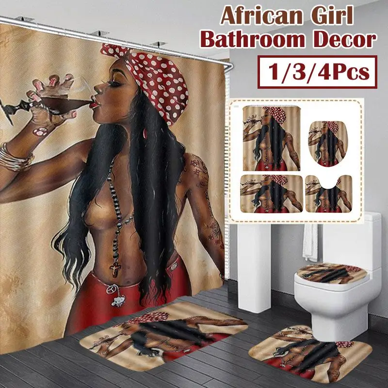 4pcs Africké Dievčatá Nepremokavé Kúpeľni Sprchový Záves Nastaviť Anti-slip Kúpeľňa Mat Koberce 3D tlač Wc Polyester Kryt Mat Nastaviť