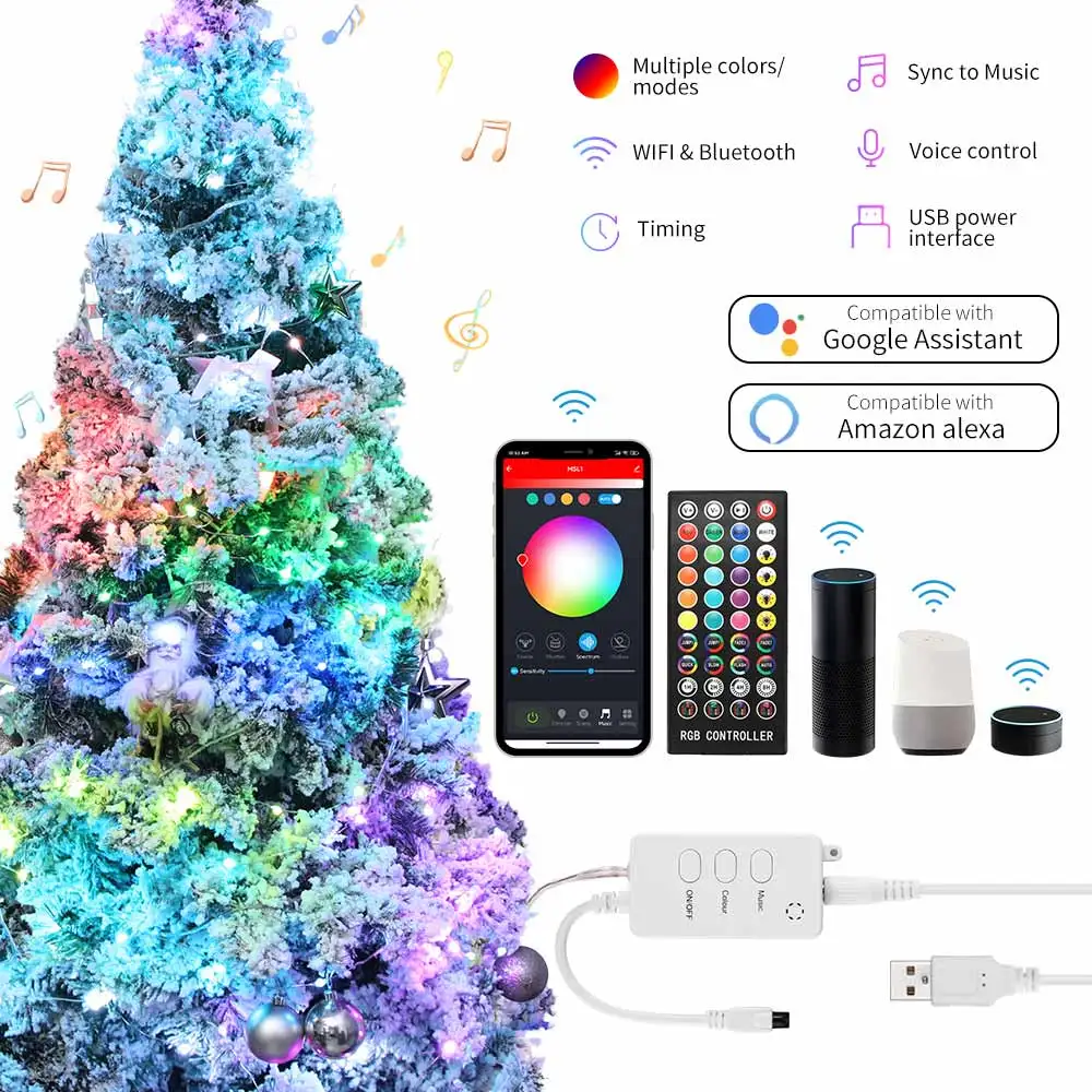 5/10m LED Vonkajšie WIFI, Bluetooth, Diaľkové Ovládanie Svetla String Víla Garland pre Alexa / Domovská stránka Google Strany Vianoce Svadba Dekor