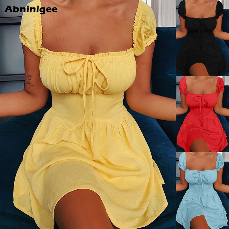 5 Farieb Ženy Šaty Letné Krátke Rukávy Skladaný Šaty, Sexy Štvorcového Tvaru Farbou Vysoký Pás Šaty Šnúrkou Vestido 2020