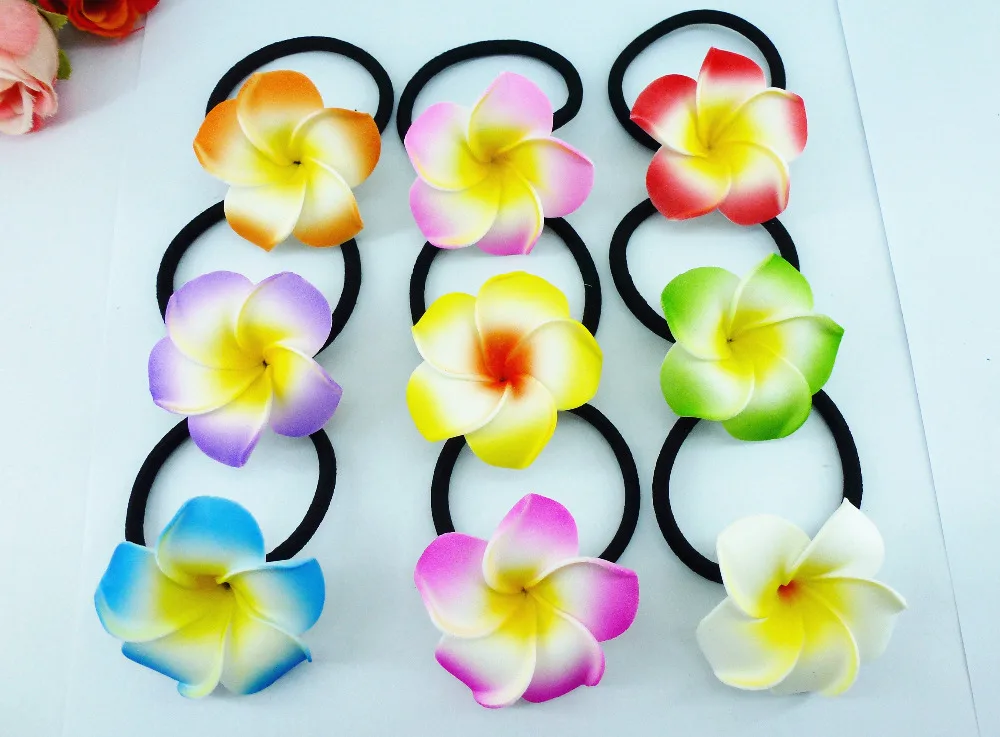 50 Nových 9 farbách Pena Havajské Plumeria kvet Ibišteka Kvetinové svadobné vlasy kapely gumičky 4,5 cm
