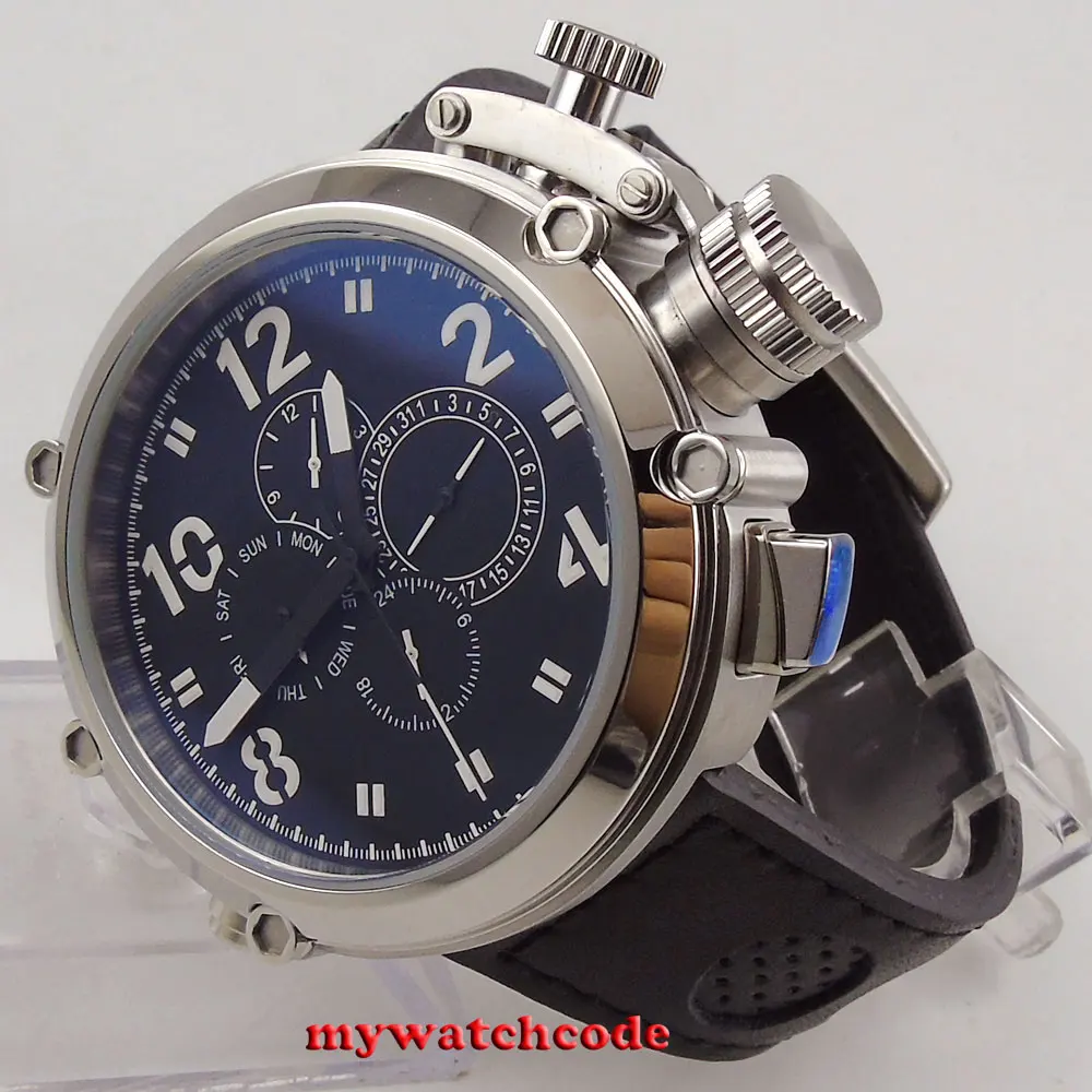 50mm parnis black dial kožený remienok deň dátum multifunkčné Luxusné Muži hodinky Mechanické Náramkové hodinky reloj hombre