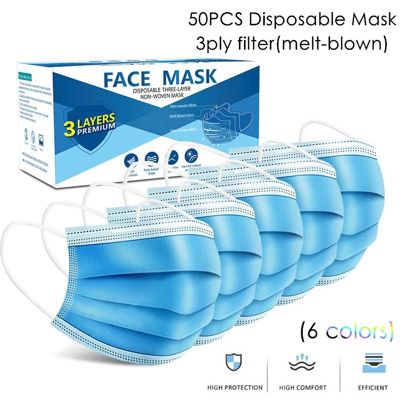 50Pcs Jednorazové Pleťová Maska Farebné Dospelých 3Ply masque Mäkké Non-tkané Topiť-fúkané Filter Anti Častíc Hmly Econimical Verejného OOP