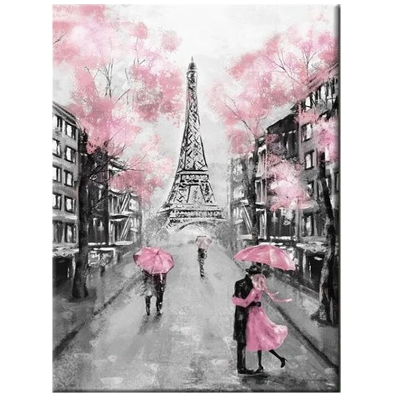 5D Diy diamond maľovanie Ružový Dáždnik Daždivý Deň Krajiny svadobné dekorácie vyšívanie mozaiky Romatic Pár Paríž TowerZP-2165