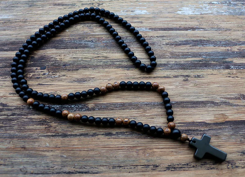 6 MM Čierny kameň Drevené Korálky s black kamenný kríž Prívesok Mens Ruženec Náhrdelník Mens Malá šperky
