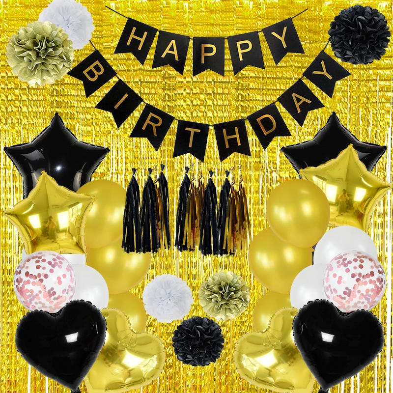 65Pcs/set Black Gold Party Dekorácie DIY Fólie Pozlátko Pozadí Happy Birthday Banner s Konfetami Latexový Balón Pompom Kvet