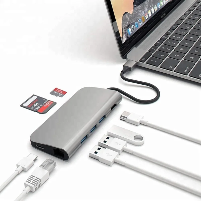 8 v 1 USB C Hub Adaptér Rozbočovač na USB 3.0, HDMI, RJ45 Gigabit SD TF PD Pre Macbook HP Huawei Kompatibilné Thunderbolt 3