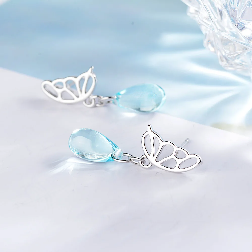 925 Sterling Silver Elegantné Modré Crystal Butterfly Dámy Strapec Stud Náušnice Originálne Šperky Pre Ženy Drop Shipping