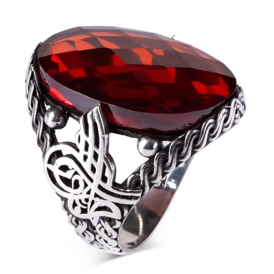 925 Šterling Osmanskej Tugra Tvárou Červené, Oválne Zirkón Mincový Striebro Mužov Krúžok Módny turecký Premium Kvalitné Ručné Jawelery