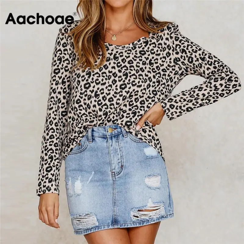 Aachoae T Shirt Ženy 2020 Leopard Tlač Jeseň Dlhý Rukáv T-shirt Dámy Voľné Bežné Tees Topy O-krku Streetwear Camisetas