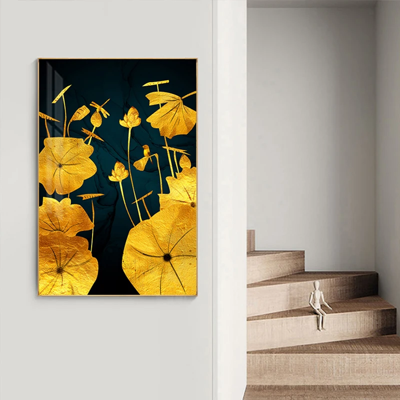 Abstrakt Black Zlaté Plátno na Maľovanie Lotus Leaf Plagáty a Tlačí na Steny Umenie Obrázok pre Obývacia Izba Domova (Bez Rámu)