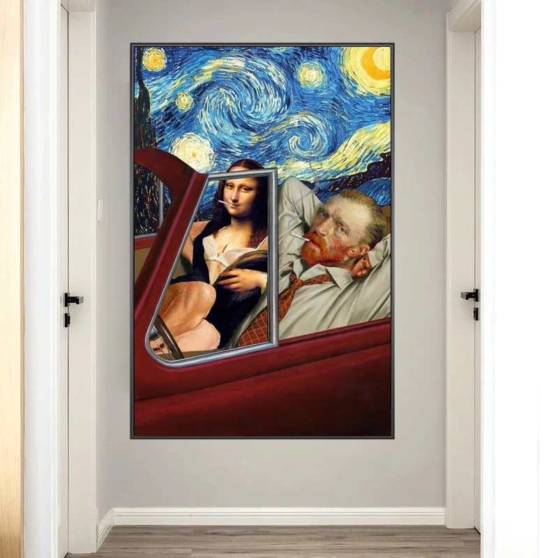 Abstrakt Zábavné Umenie Van Gogh a Mona Lisa Kresliace Plátno Plagáty Fajčenie olejomaľby na Plátne, obrazov na Stenu Domov Stenu Decor