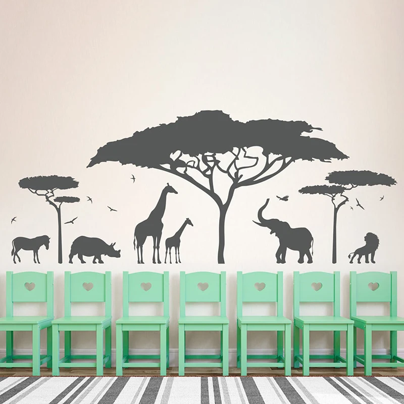 Africké Safari Vinylové Nálepky Zoo Zvieratá Stenu Otlačkom, Prírody, Žirafa, Slon, Lev Strom Wall Art Škôlky Dekor Izba Dekor Z391
