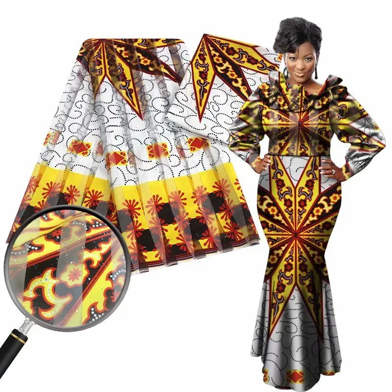 Africké voskové pásky hodváb vosk ankara satin textílie 4 metrov audel/modell zlatom bavlnená tkanina pre šaty +2 metrov šifón YBG11072