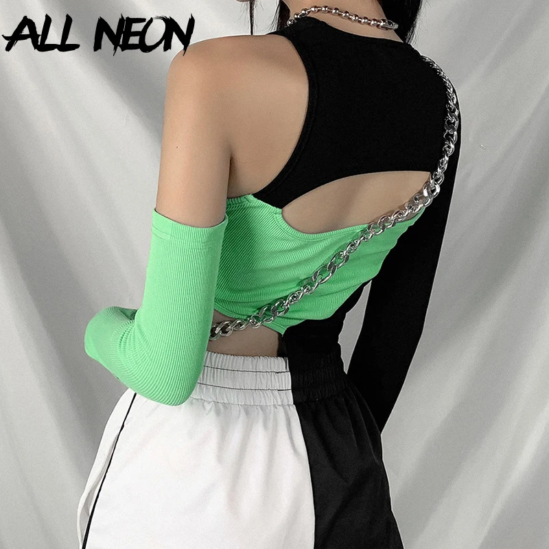 ALLNeon E-dievča Punk Štýl Otvorený Ramenný Duté Z Patchwork T-shirts Y2K Módne O-krk Dlhý Rukáv Plodín Zelené Vrcholky Partywear