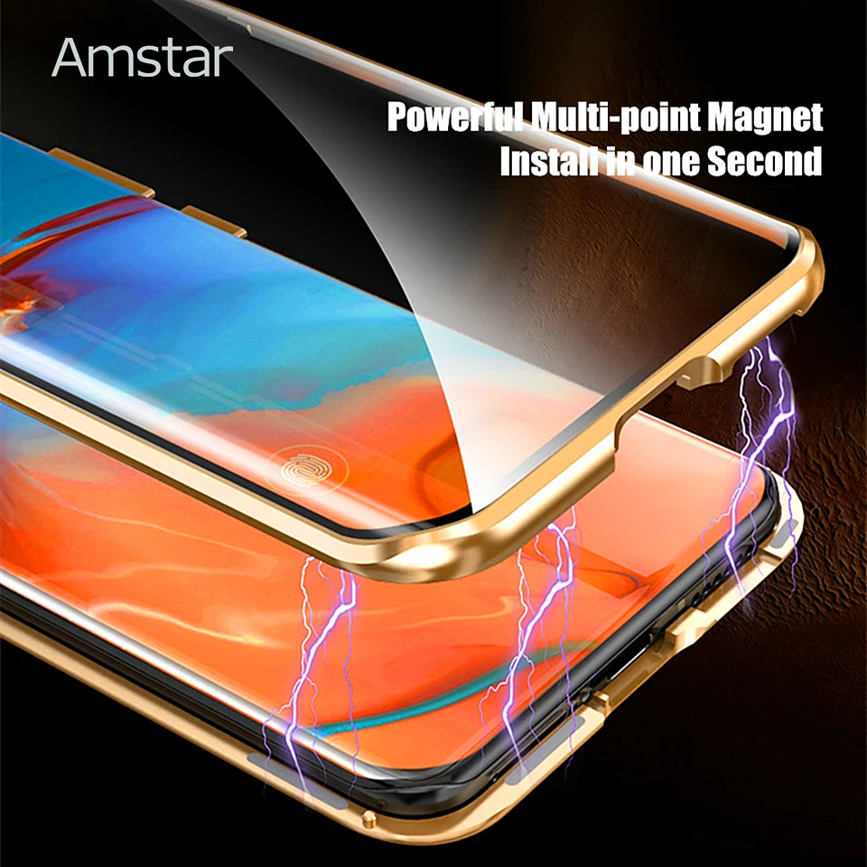 Amstar Kovové Magnetické puzdro pre Huawei P40 Pro 360 Plnú Ochranu Kože Zadný Kryt Tvrdeného Skla Predný Kryt Kamery Ochrany