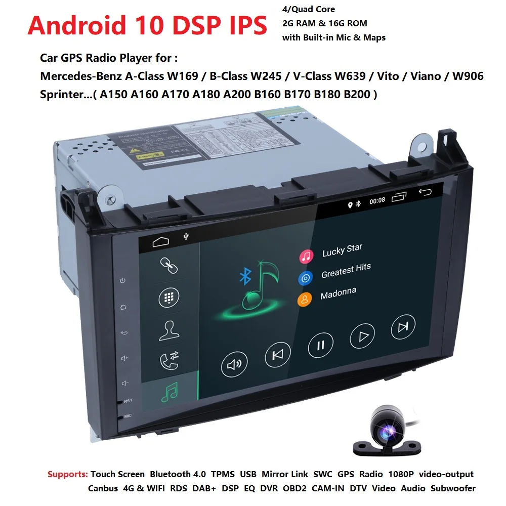 Android 10 2din Auto rádio Auta GPS multimediálne pre Mercedes Benz B200 A, Trieda B, W169 W245 Vito Viano W639 Sprinter W906 cam WIFI
