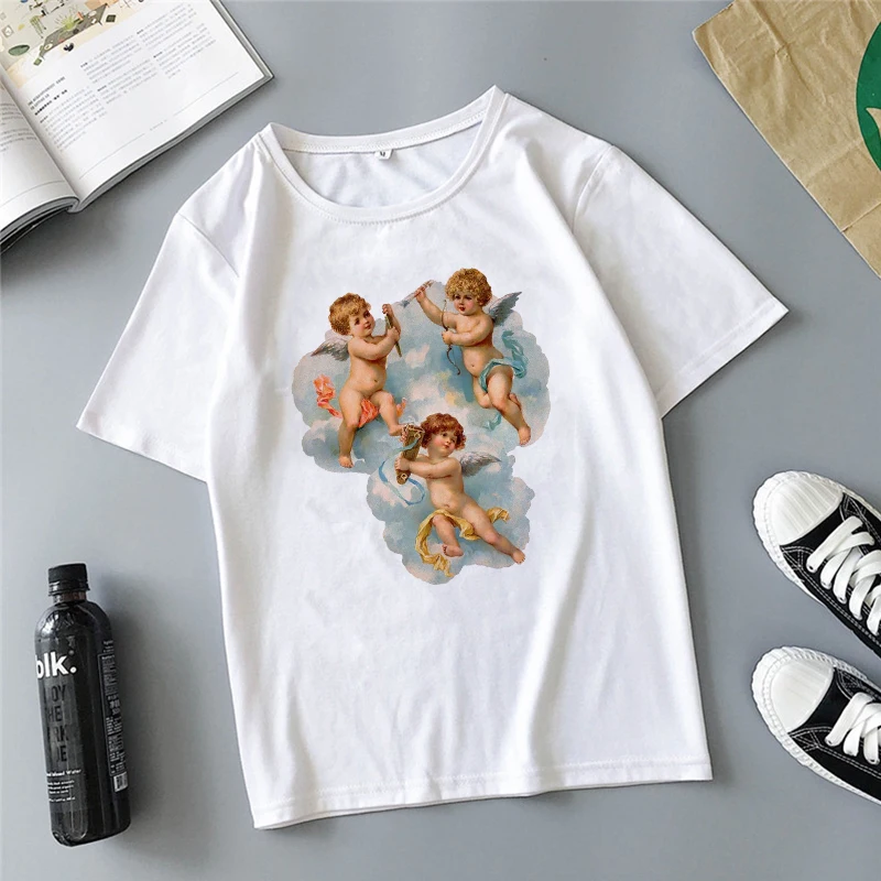 Anjel deti bojovať tlač karikatúra roztomilý Harajuku lete nové módne doplnky, príležitostné voľné dámske tričko topy