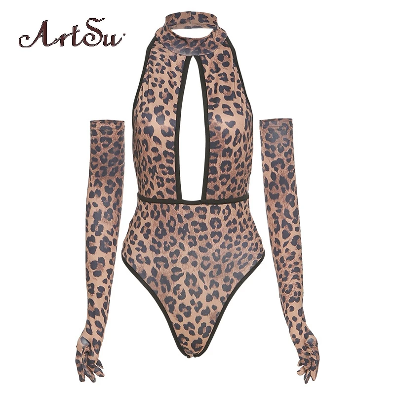 Artsu Leopard Tlač Kombinézu Ženy Sexy Backless Nastaviteľné Rukáv Mini Party Clubwear Ženské Módne Oblečenie AR30348
