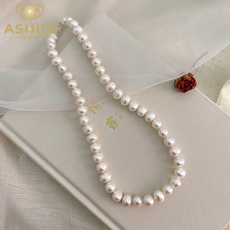 ASHIQI Prírodné sladkovodné perlový náhrdelník 925 sterling silver Tlačidlo Šperky pre ženy 2021 Nové