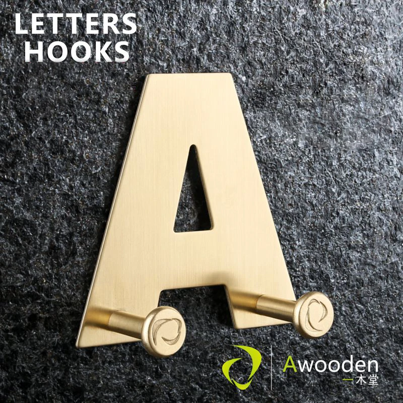 Awooden Mosadz Série Dekorácie List Hook 26 Abecedy Tvarované Funkčné Kabát Uterák Háčik Nehrdzavejúcej Ocele Kúpeľňa Kuchyňa Domov