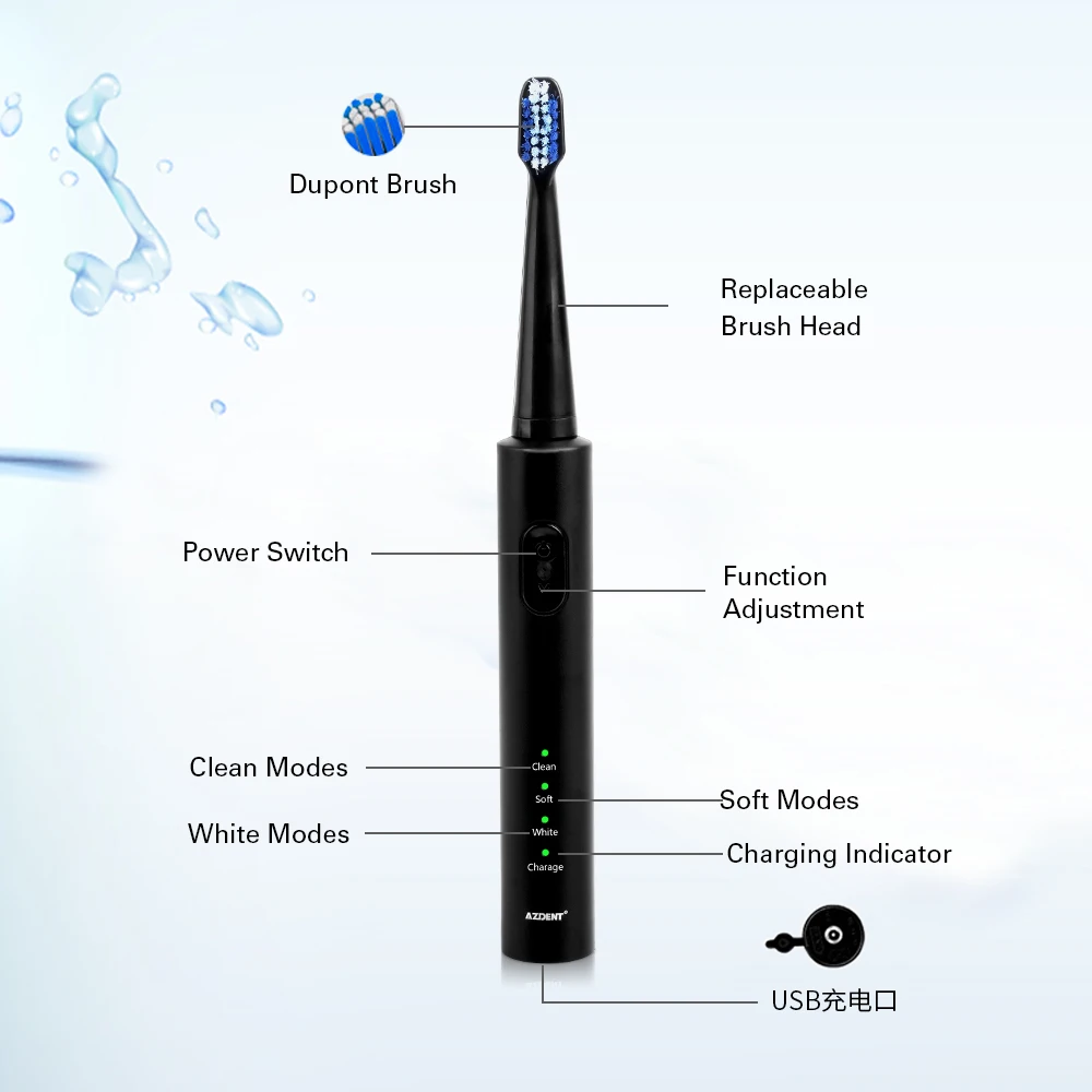 AZDENT Nové AZ-1 Pro Sonická Elektrická zubná Kefka Dobíjacie USB Nabíjanie 4 Ks Vymeniteľné Hlavy Časovač Zubov Zubná Kefka Nepremokavé
