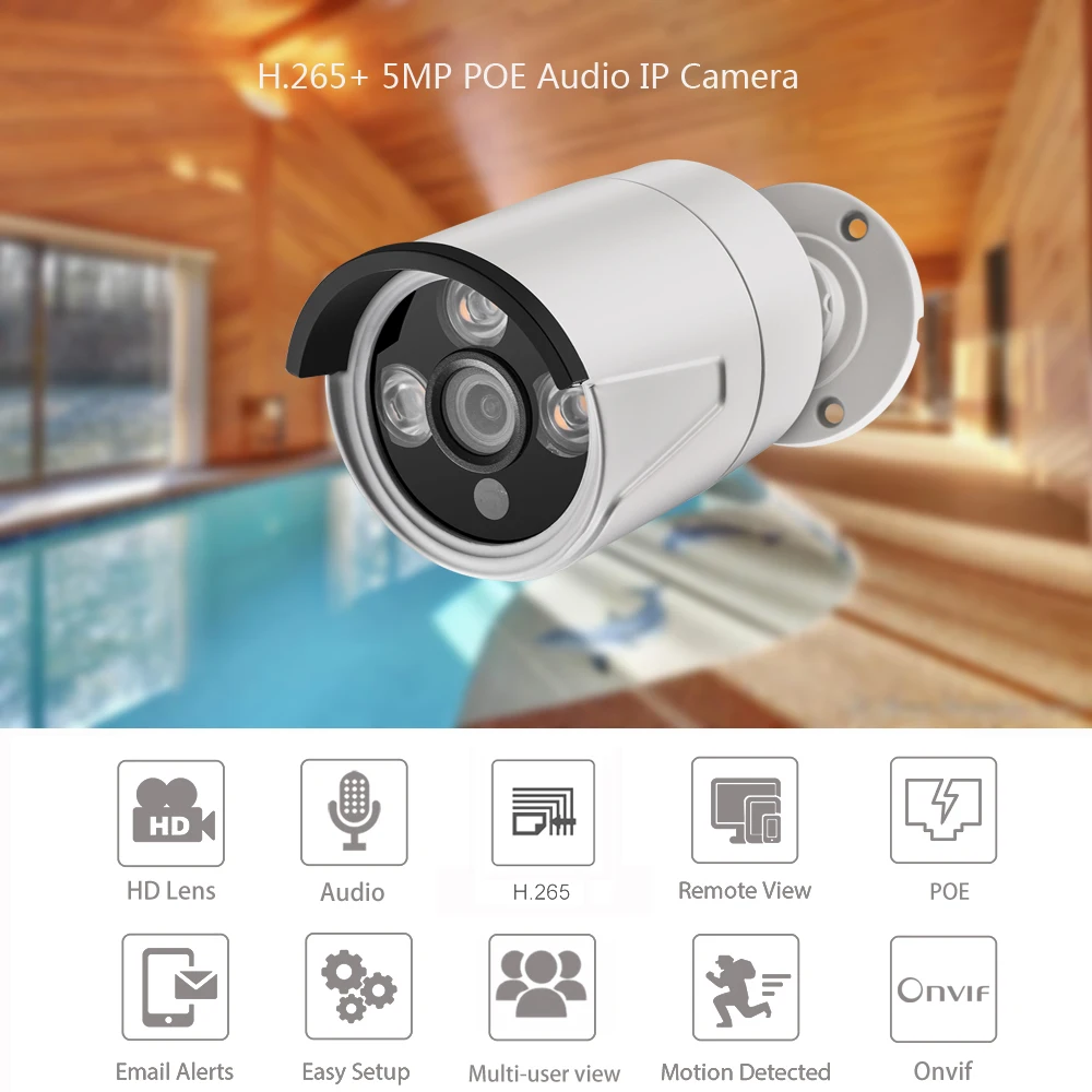 AZISHN 5MP Bullet POE IP Security rozpoznanie Tváre Fotoaparát Audio-Zabudovaný Mikrofón H. 265AI Vonkajšie Bezpečnostné CCTV Kamera IR 30 m