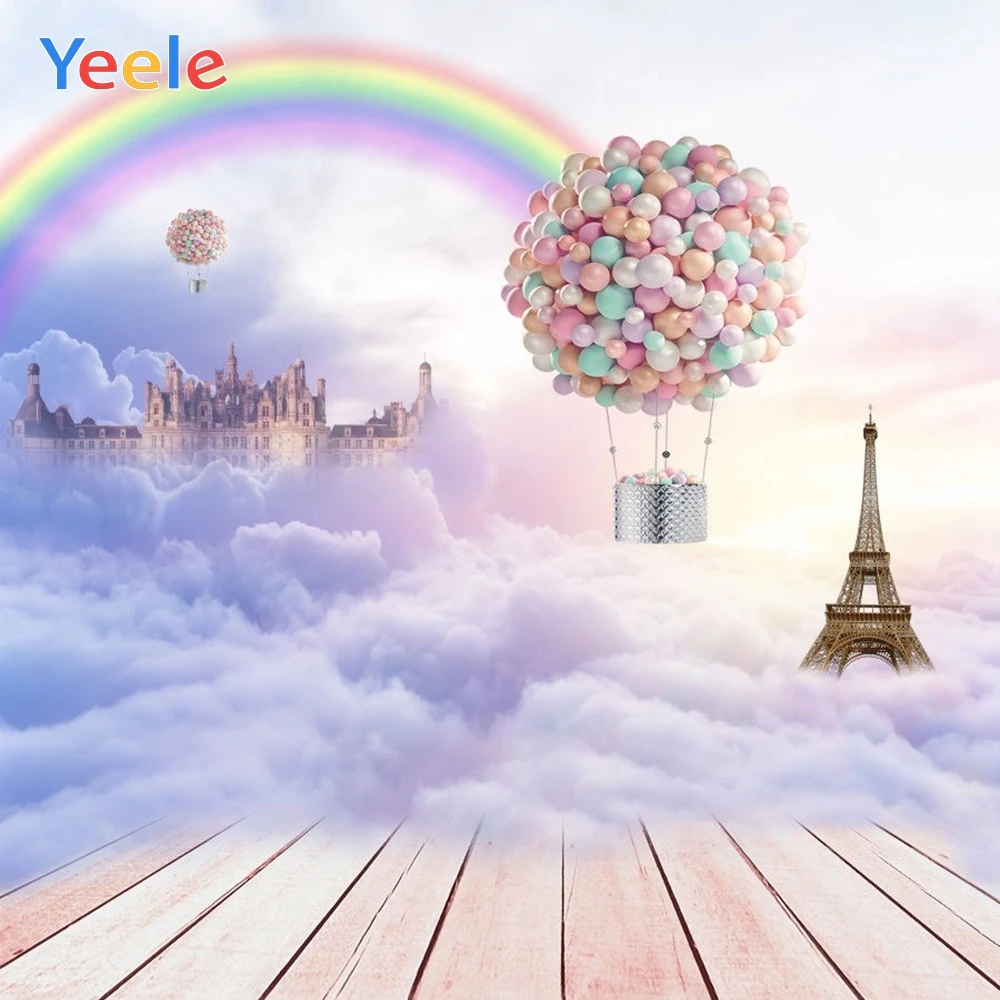 Balón Hrad Eiffelova Veža Rainbow Sky Cloud Pozadie Dieťa Portrét Vinyl Fotografie Pozadie Pre Photo Studio Photophone