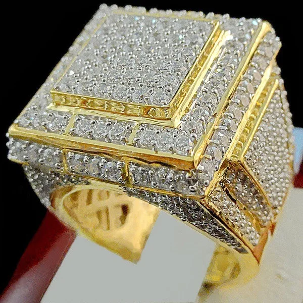 Bamos Luxusné Muž Plný Zirkón Kamenný Prsteň Žlté Zlato 18KT Vyplnené Šperky Vintage Svadba Zásnubné Prstene Pre Mužov