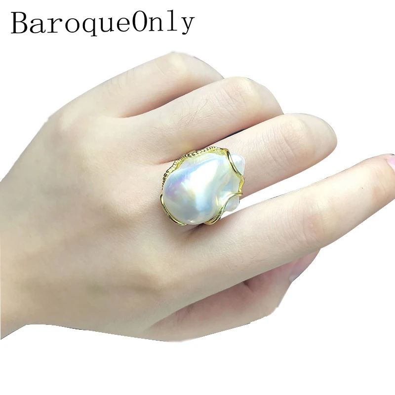 BaroqueOnly vysoký lesk biela baroková perla nastaviteľné krúžky prírodné veľké perly ručne vyrábané šperky 925 sterling silver RZ