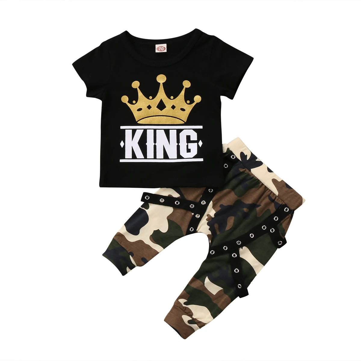 Batoľa detská Baby Chlapci Oblečenie Nastaviť Čierneho Kráľa T-Shirt Prívesok Kamufláž Nohavice Deti 2ks Letné Ležérne Oblečenie Móda
