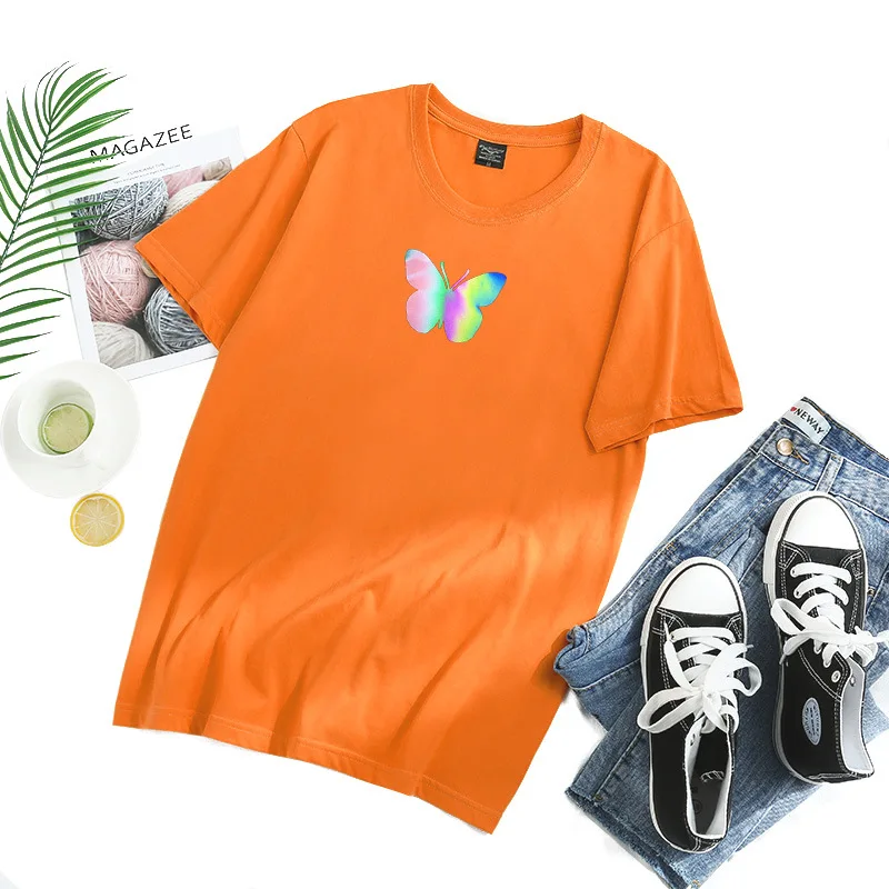Bavlna Farebné Motýľ Ženy T-Shirt Módne Harajuku O-Krku Krátky Rukáv Streetwear Žena Tees Plus Veľkosť W732