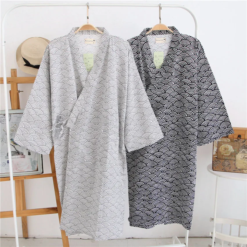 Bavlna Japonské Kimono Jinbei Pyžamá pre Človeka, Sauna, Spa Nosiť Voľné Tradičného tvaru Sleepwear Muž Dlhé Kúpanie Šaty, Šaty
