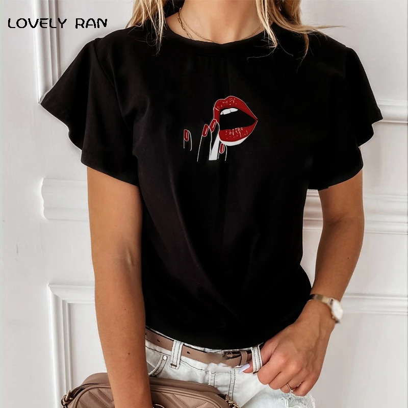 Bavlna Ženy T-Shirt Short Motýľ Rukáv Dotyku Pier Print T shirt Ženské Umenie Y2K Streetwear 2021 Lete Bežné Tees